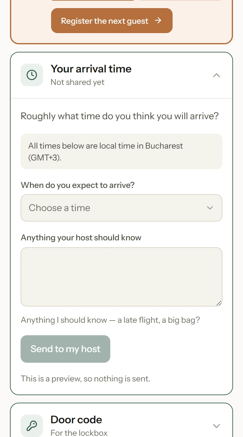 The arrival time question in a guest guide, with times listed in the property's own time zone