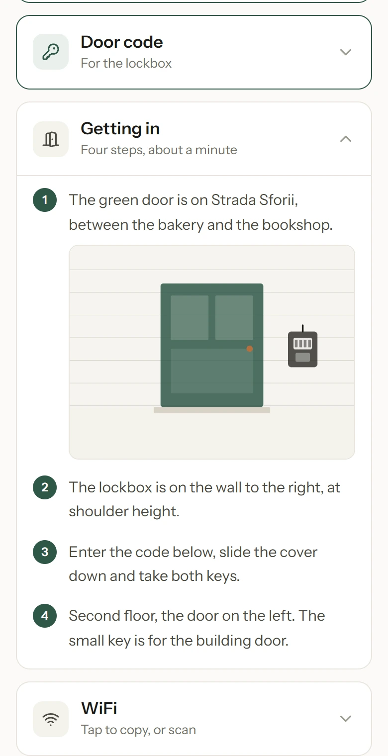 Check-in steps in a guest guide, numbered in the order the guest does them