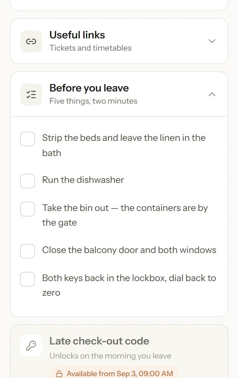 The check-out list in a guest guide, with a tick box beside each task