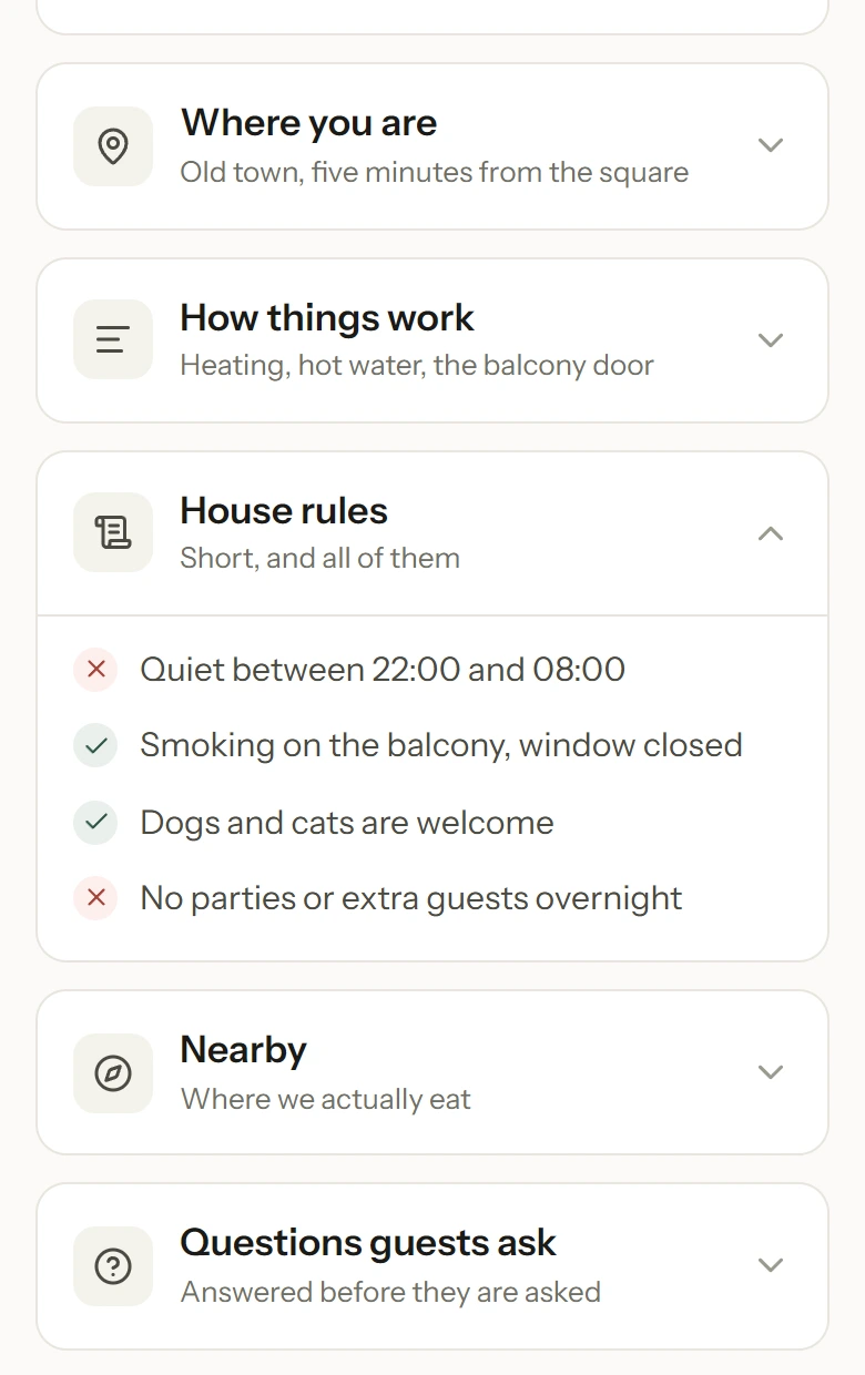 House rules in a guest guide, each one marked as allowed or not allowed