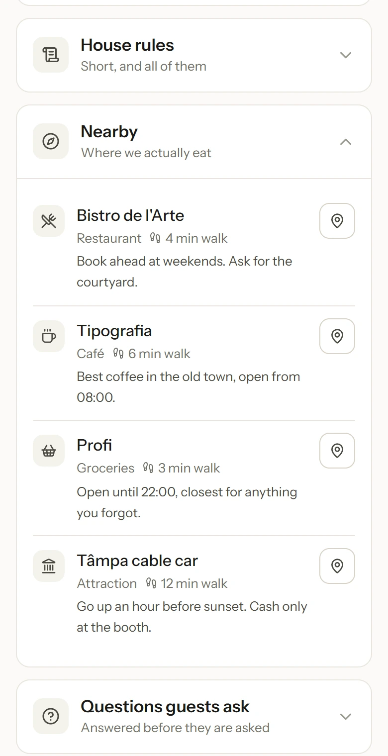 Local recommendations in a guest guide, each with a walking time and a note from the host