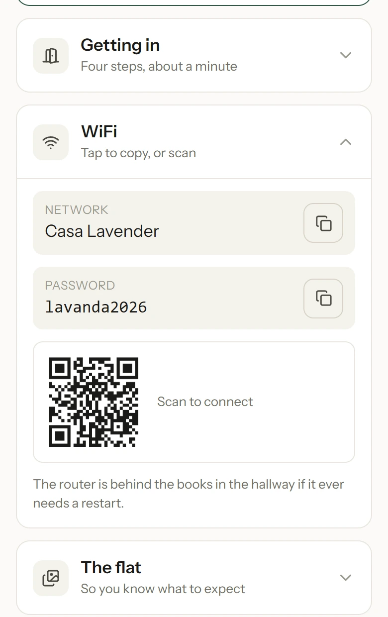 The WiFi section of a guest guide, showing the network, the password and a QR code that joins the network