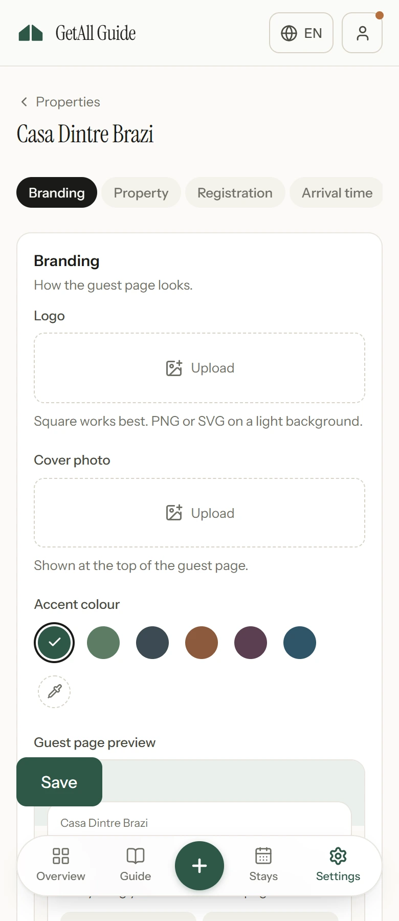 Branding settings, with the logo, cover photo and accent colour beside a live preview of the guest page