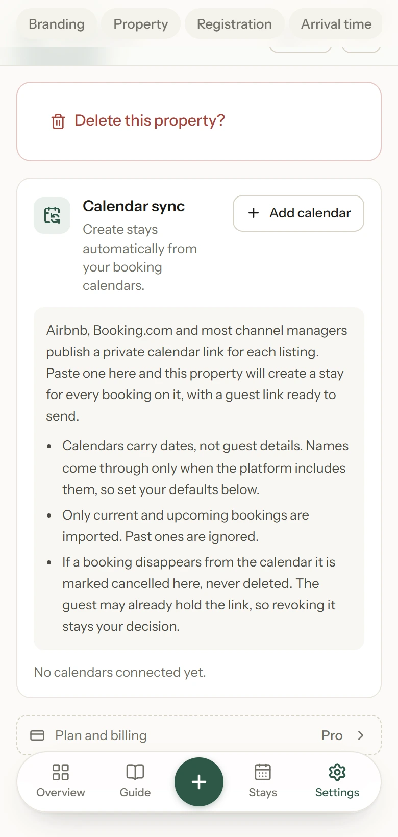Calendar sync settings, where an Airbnb or Booking.com calendar link is added
