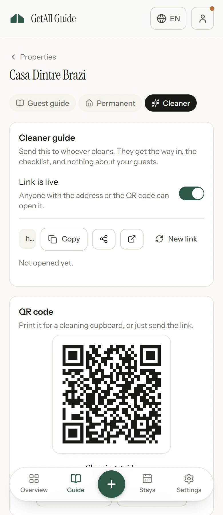 The cleaner link settings, with its own QR code and a note that it shows nothing about guests