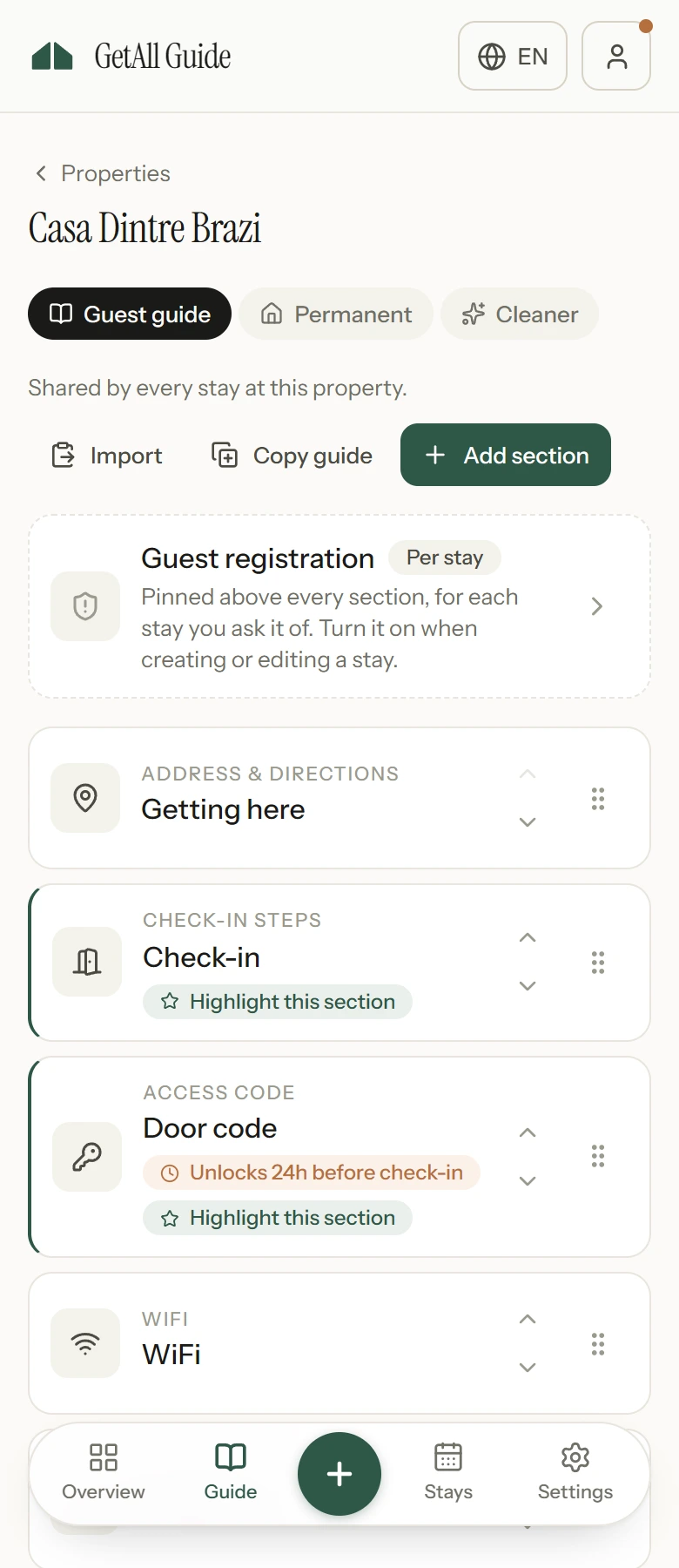 The guide editor, with each section listed by type and the door code marked as unlocking 24 hours before check-in