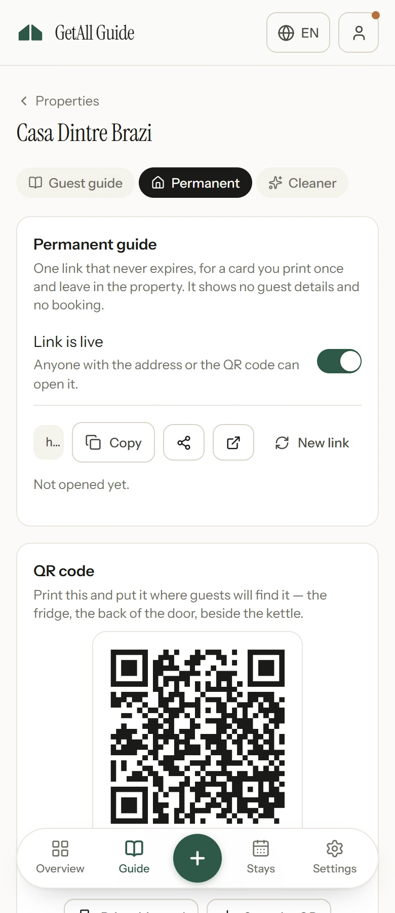 The in-property link settings, with the QR code ready to print for the flat