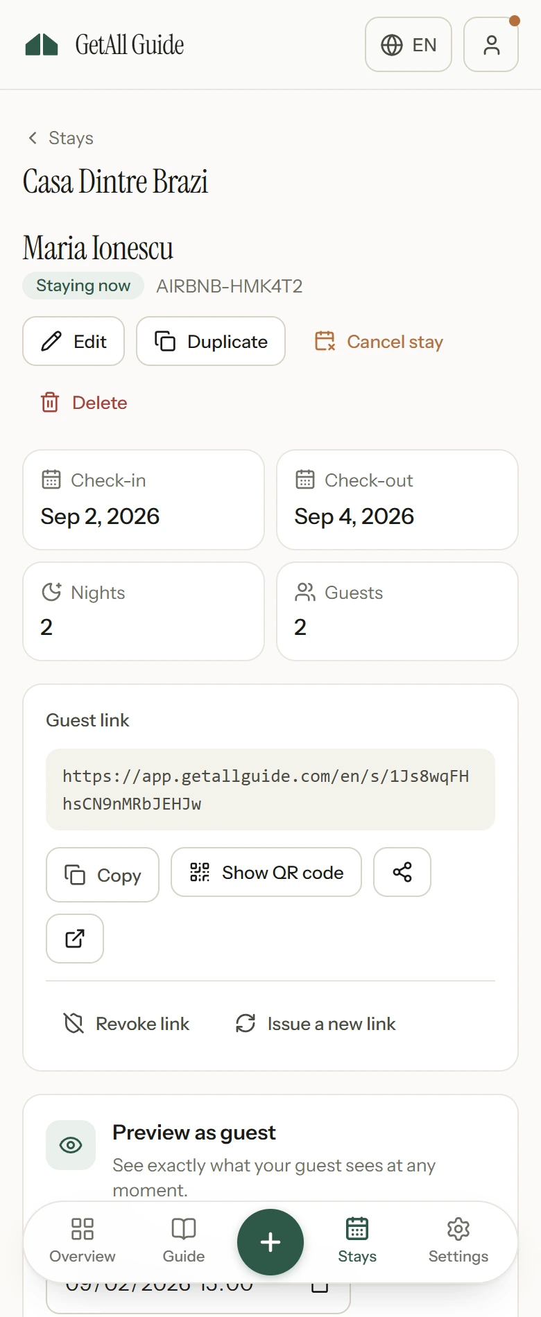 A booking in the app, showing its private guest link with copy, QR and revoke controls
